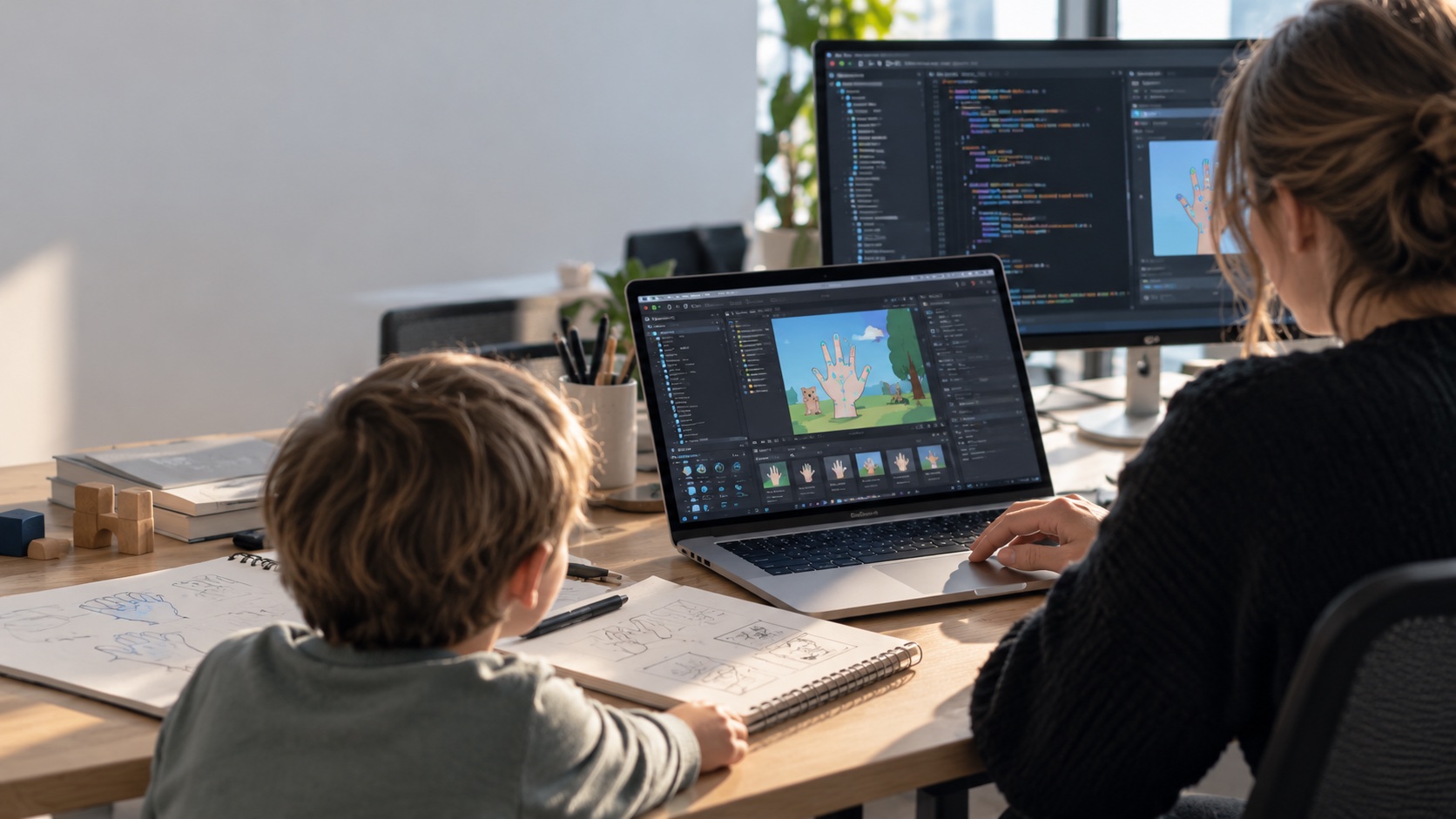 Illustrative scene of a CEO developing a hand-movement game with a child beside her