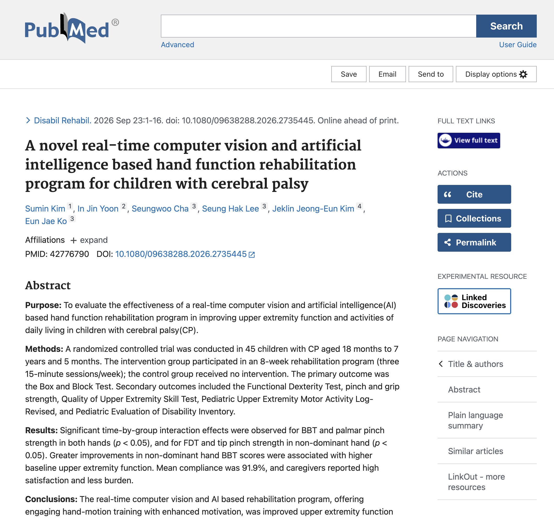 PubMed record for the published hand-function rehabilitation study in children with cerebral palsy, PMID 42776790